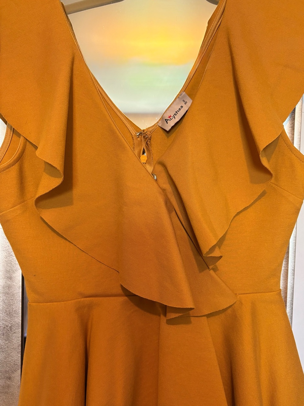 Alythea One-Shoulder Ruffle Fit-and-Flare Dress in Mustard